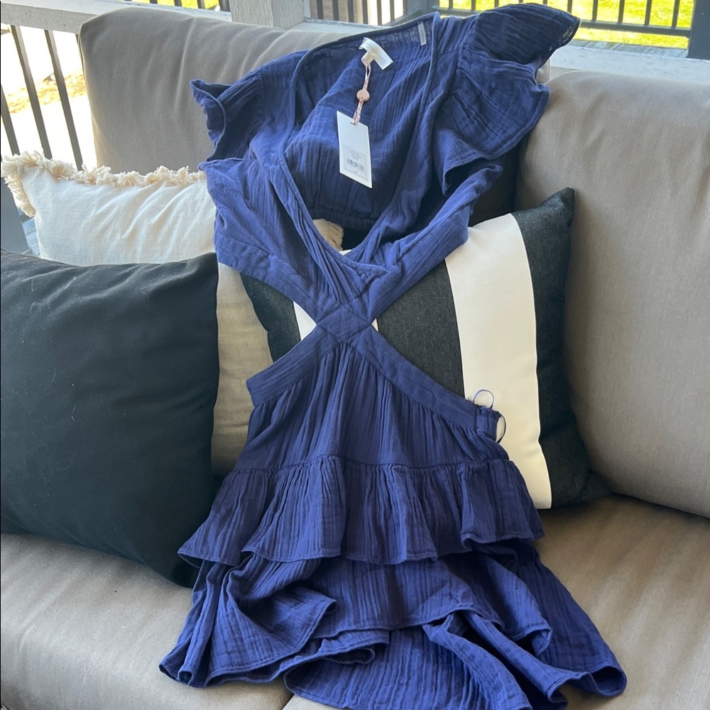 LoveShackFancy Navy Blue Backless Ruffle Dress